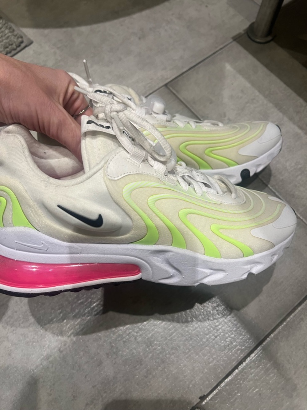 Nike Women's White Sneakers with Neon Green Accents & Hot Pink Air Unit